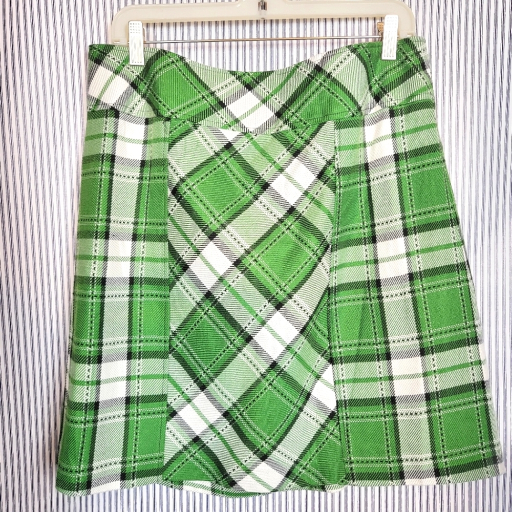 Tailor B. Moss Green White Black Plaid Midi Knee Length Academia Skirt